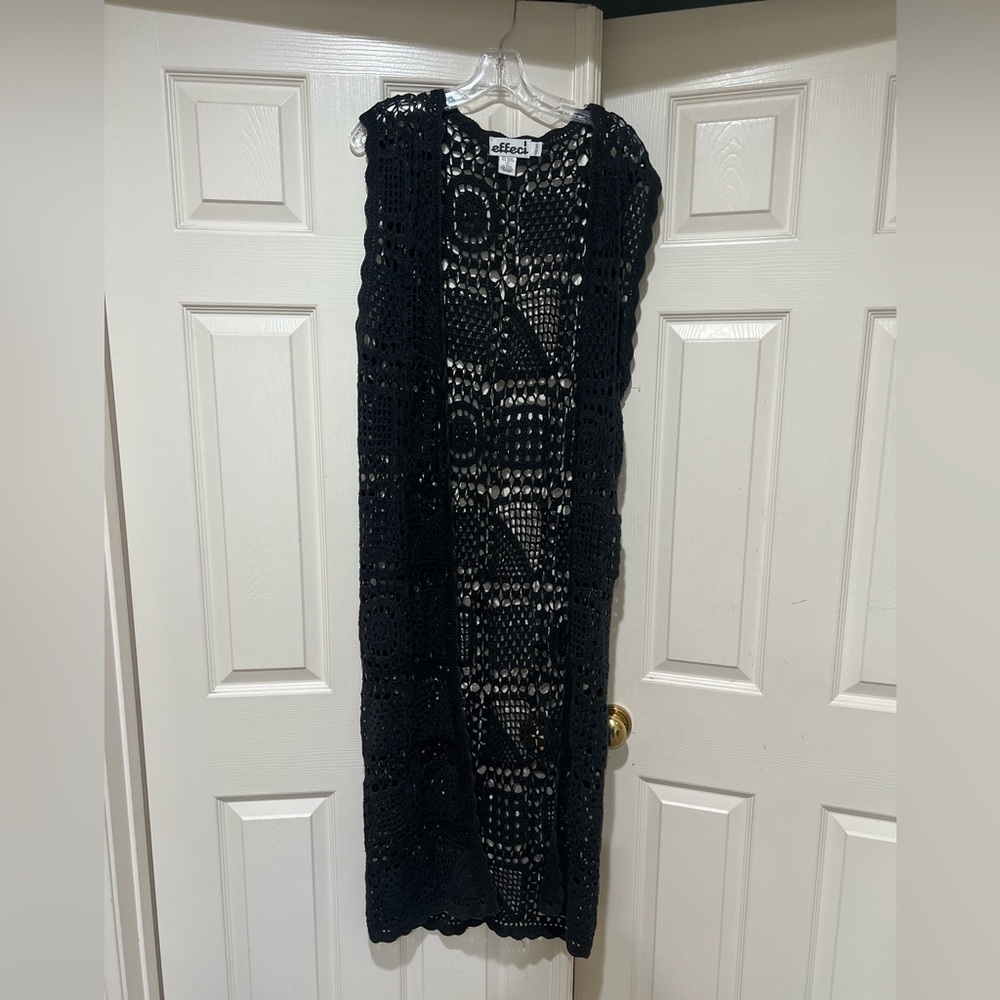 Vtg‎ Y2K Effeci Black Hand Knit Long Sleeveless Duster Cardigan Goth Witch Sz S